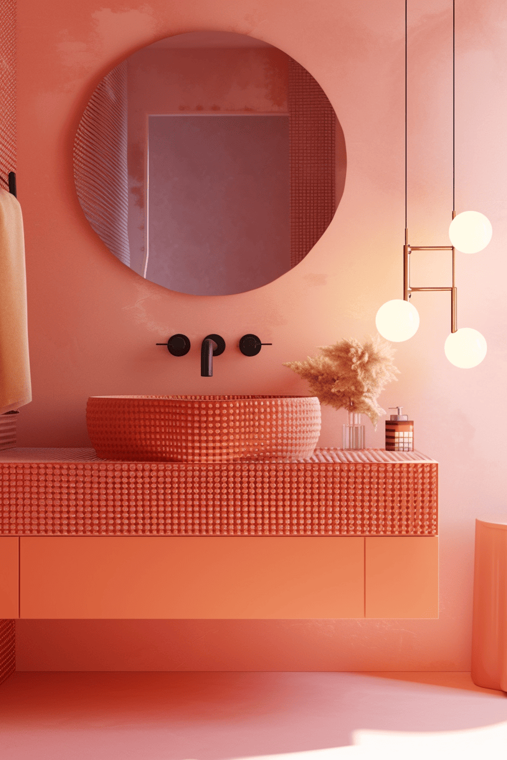 Estilo retro con tonos de melocotón y coral en tu baño