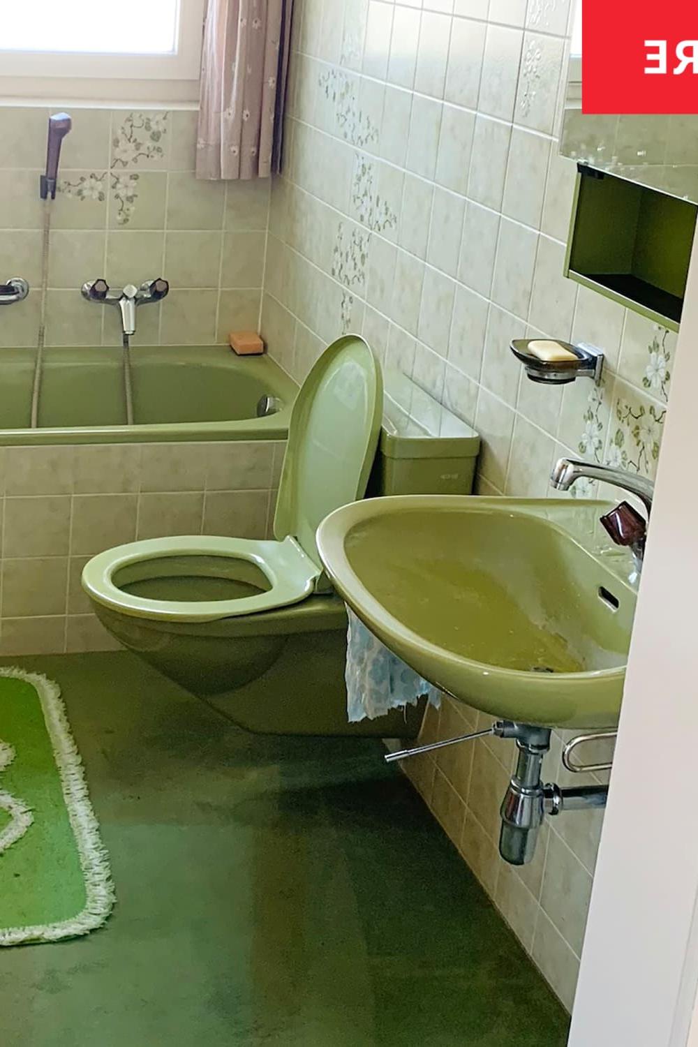 A vintage bathroom centered on a cohesive muted green color palette with classic fixtures.