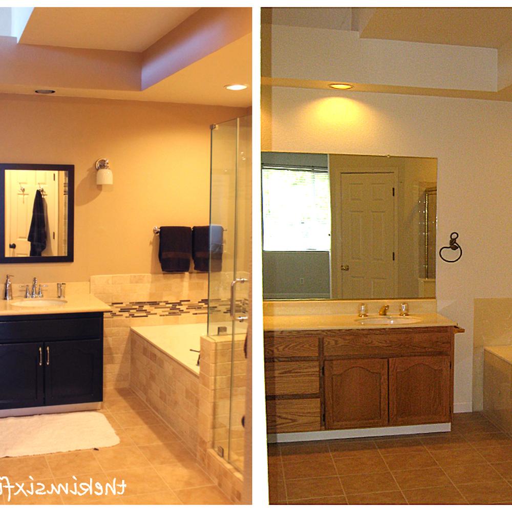 A comparison of a modern bathroom and a classic 80s bathroom with distinct design elements.