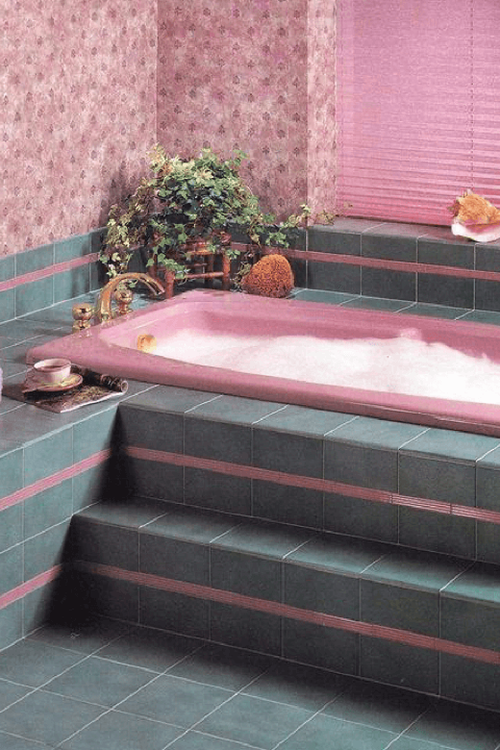 A vibrant bathroom featuring teal and pink colors, along with cheerful decorative elements.