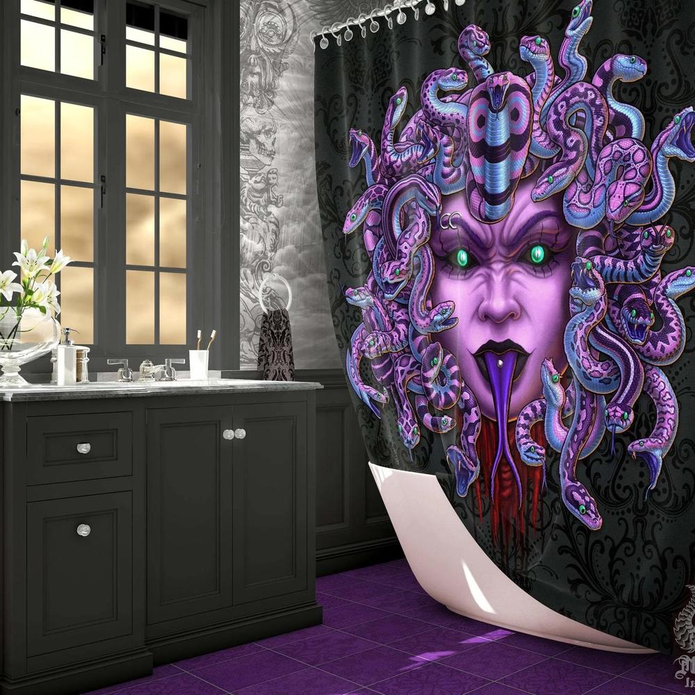 A vibrant Gothic bathroom decor with a playful mix of colors and designs.