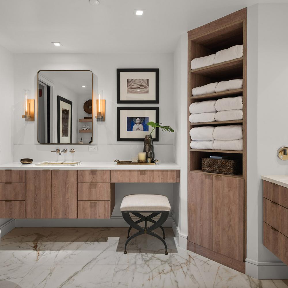 Modern Natural Wood Vanity with a bright white countertop and smart storage solutions.
