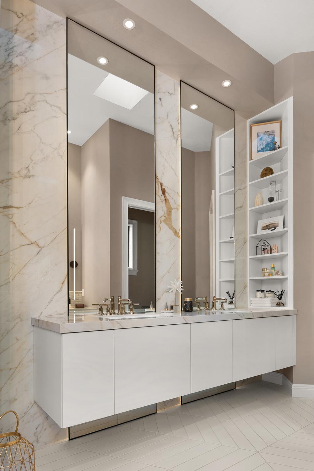 Elegant Grey and White Vanity featuring luxurious designs and functional storage.