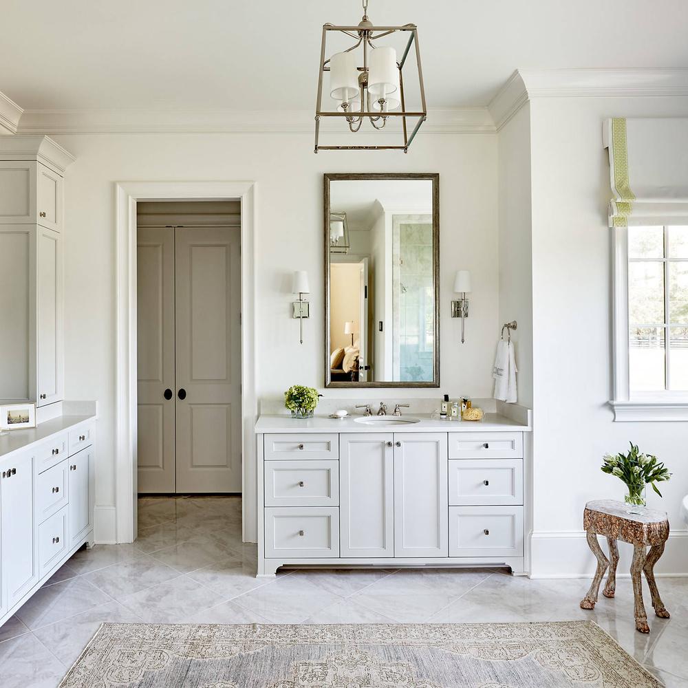 Elegant gray double vanity with decorative accents in a modern bathroom