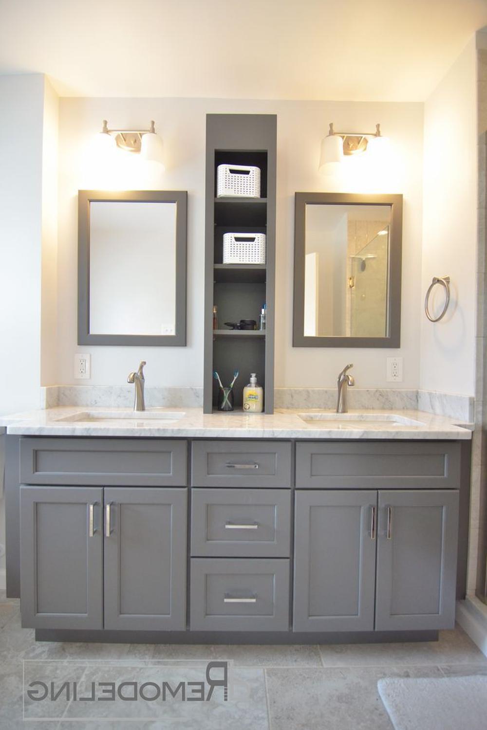 Minimalist double vanity with white marble countertop in a contemporary bathroom