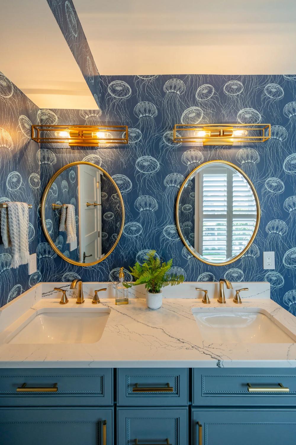 Elegant duel-level double vanity in a rustic shared bathroom