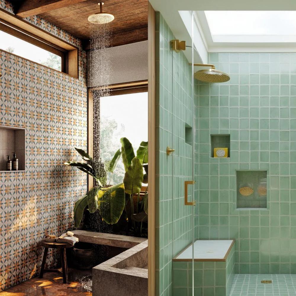 Soothing light green shower tiles enhanced by elegant gold fixtures.