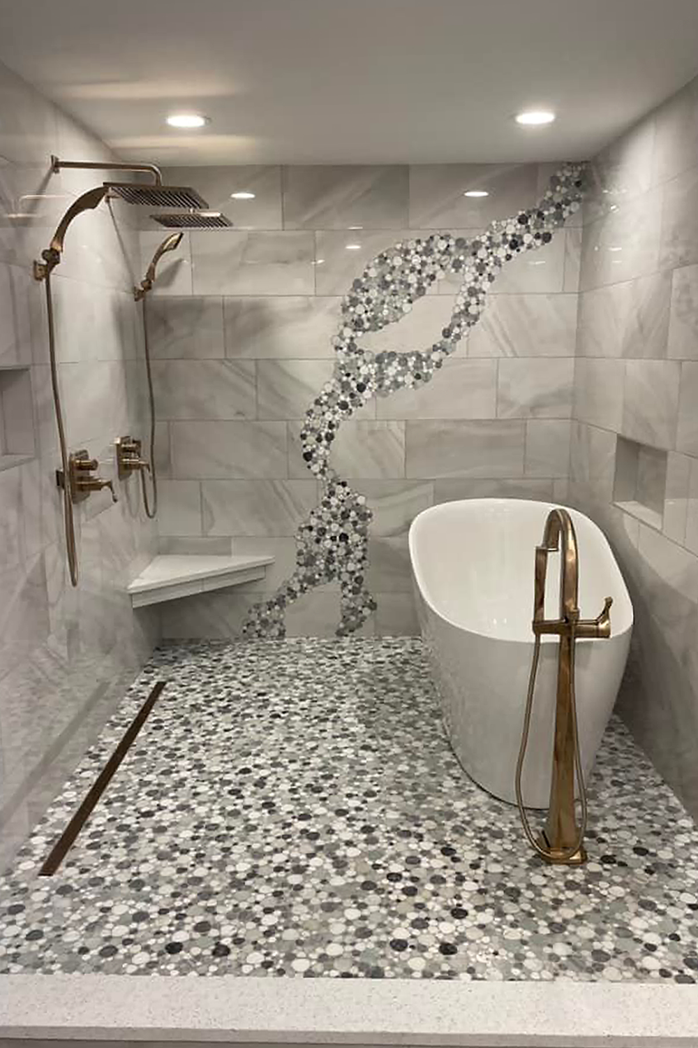 Chic circular mosaic flooring enhances the elegance of modern shower spaces.