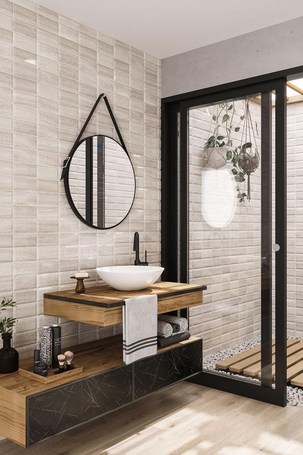 Minimalist natural aesthetic with wooden accents in the shower area.