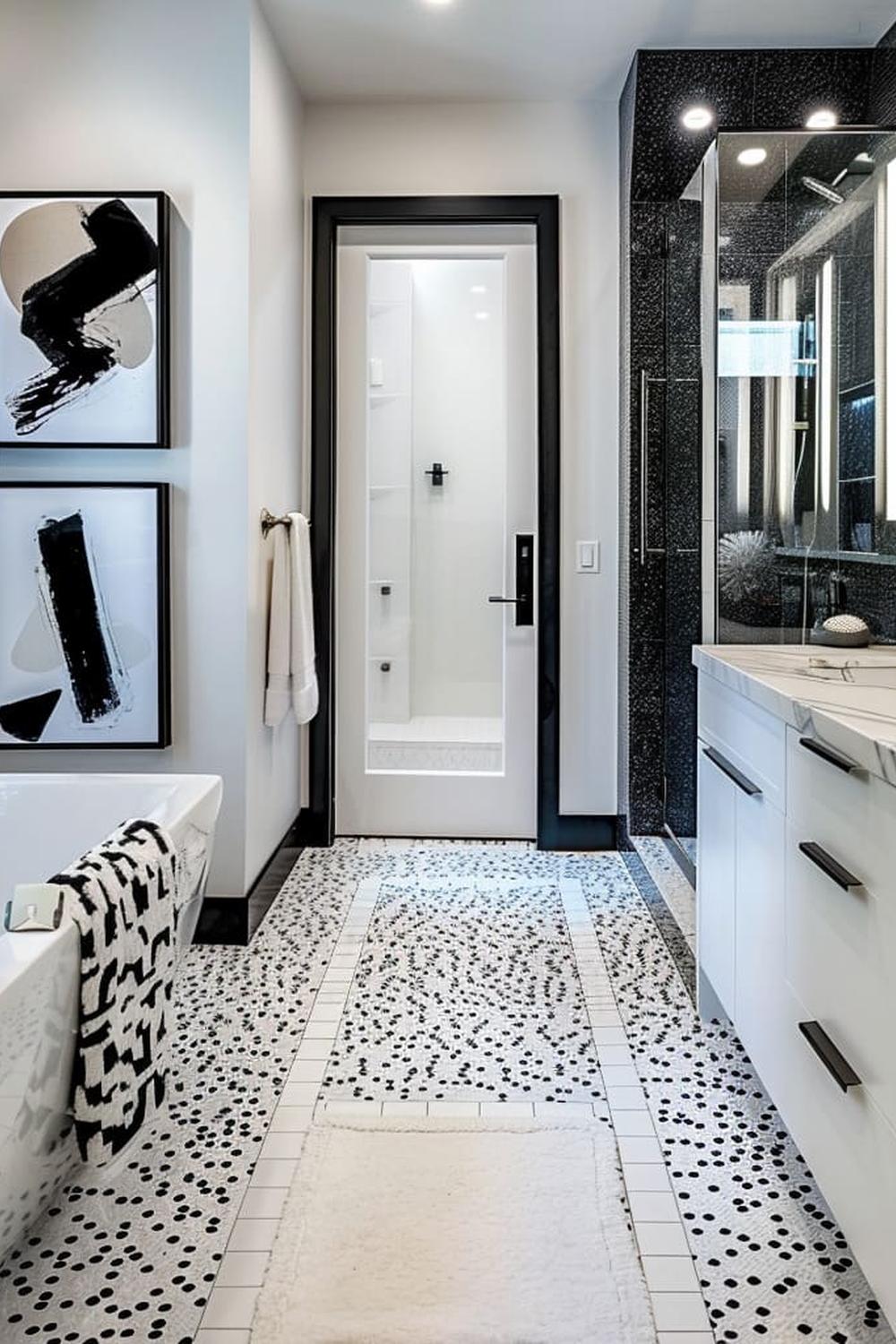A stylish bathroom with modern decor, black and white patterned tiles, and chic art pieces enhancing its contemporary aesthetic.