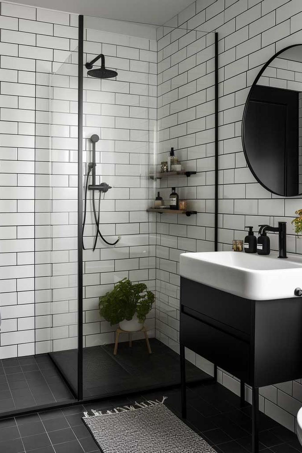 A minimalist bathroom featuring large white subway tiles, a black-framed glass shower, and a strikingly simple, functional layout.