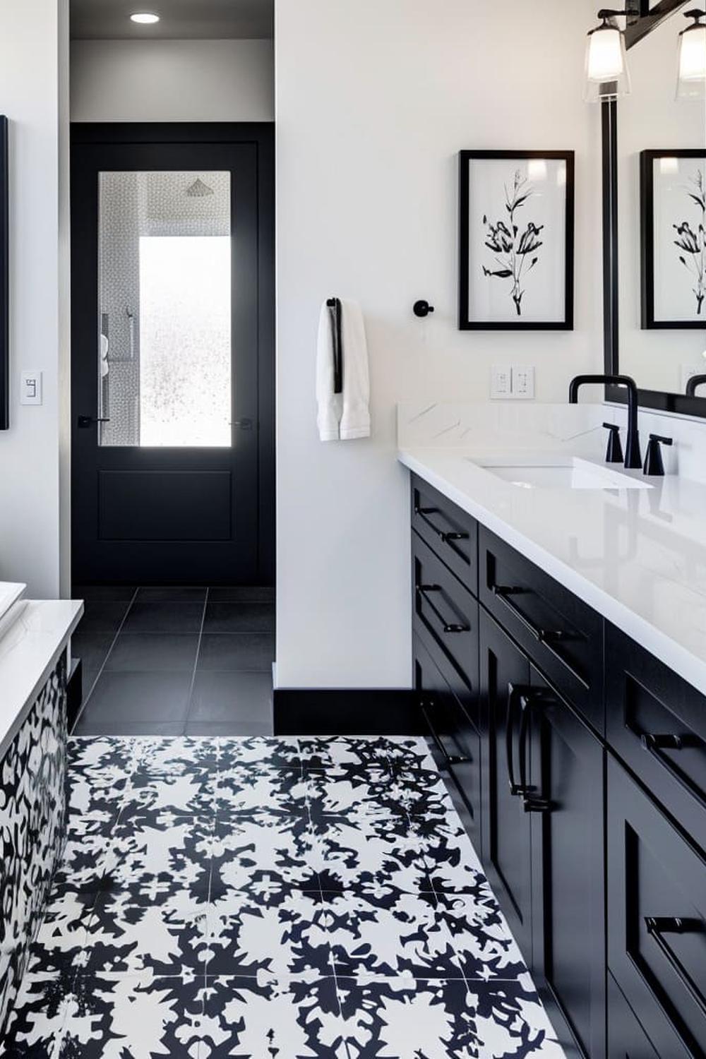 A beautifully designed bathroom adorned with bold floral patterns on the floor and elegant black cabinetry paired with chic decor and color accents.