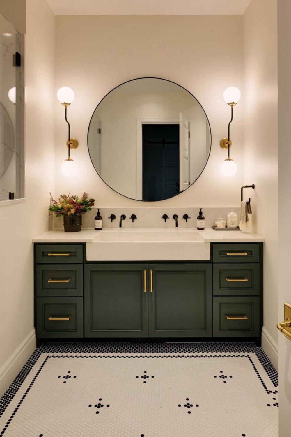 A refreshing and inviting bathroom featuring a contemporary dual-sink vanity, stylish decorative elements, and a unique patterned floor for added distinction.