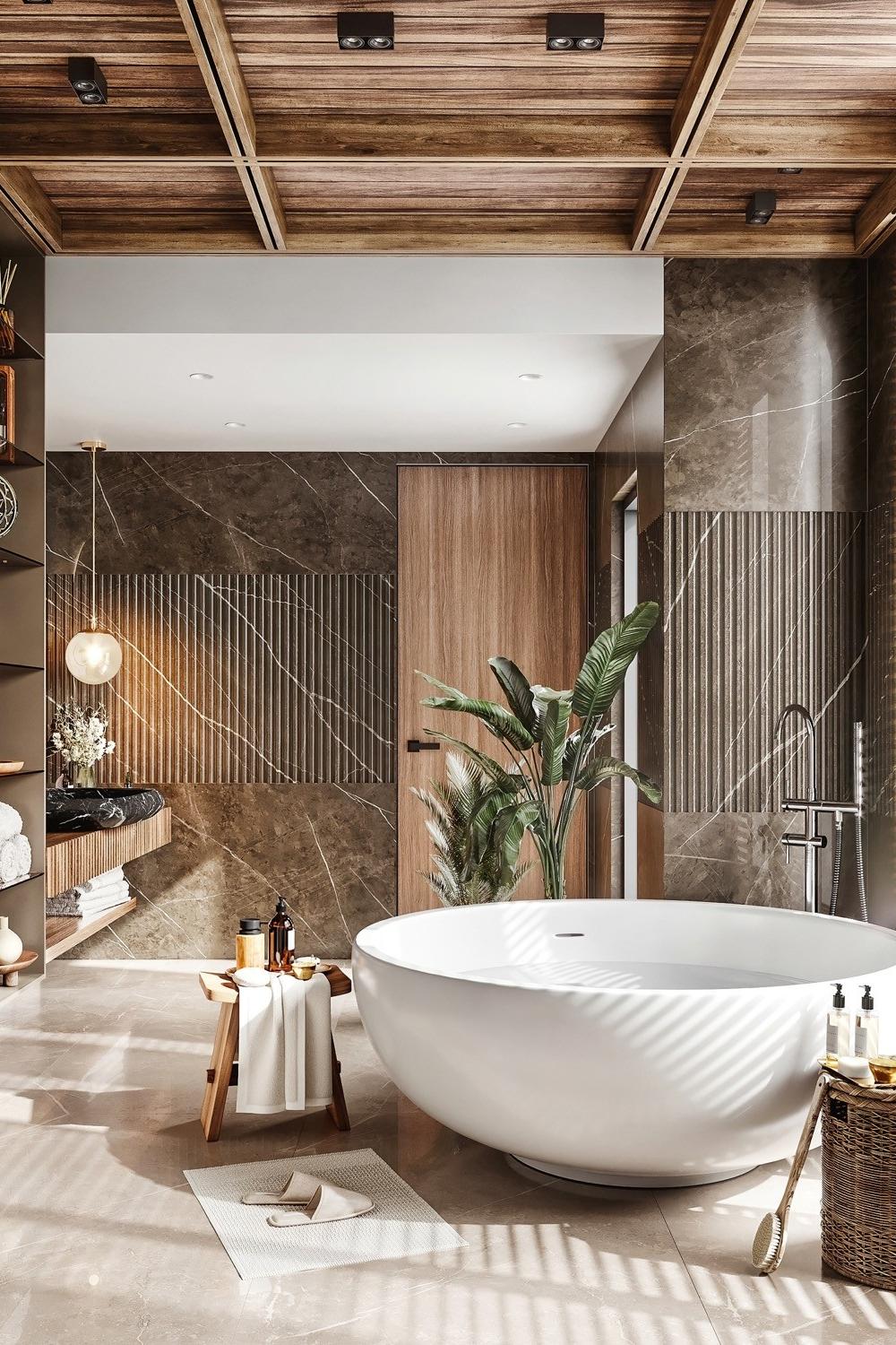 Un baño lujoso con bañera de diseño