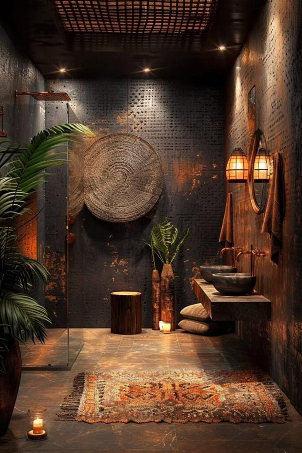 An Afrohemian bathroom with dark stone sinks and rustic wooden shelves.