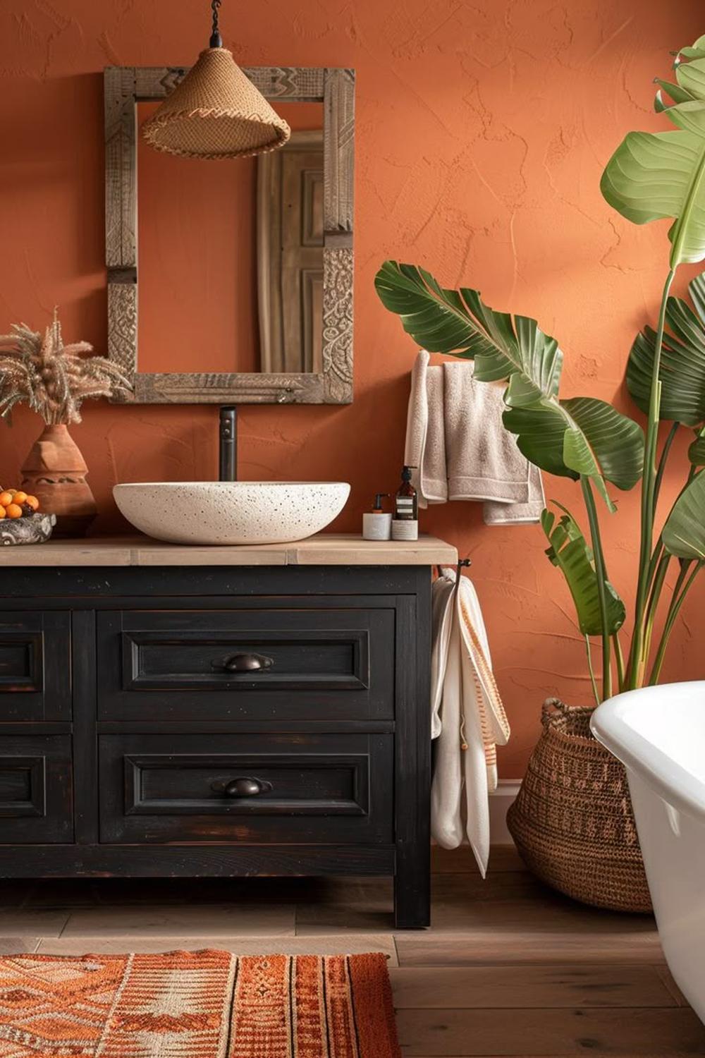 An Afrohemian bathroom showcasing rustic wood and earthy terracotta.