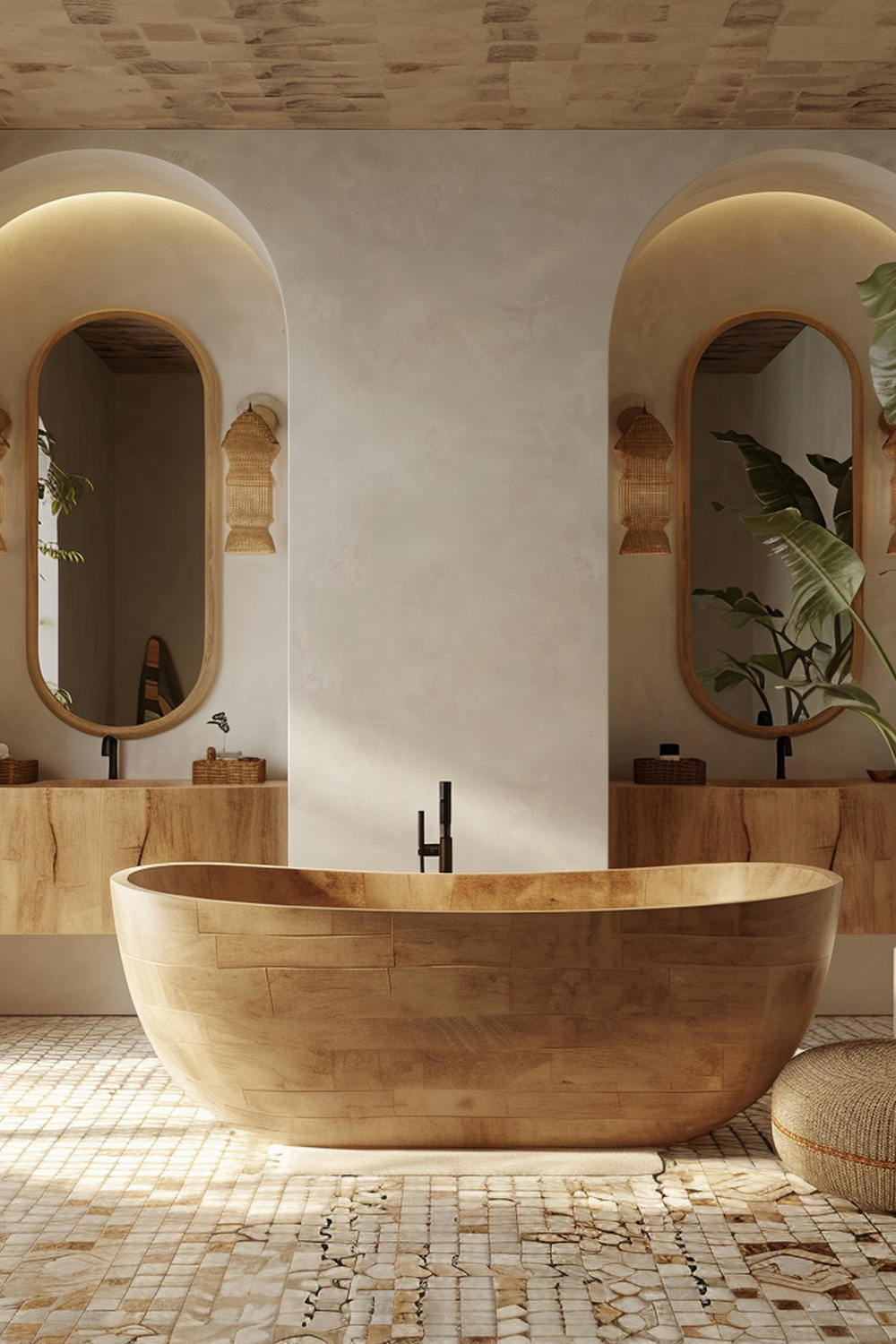 An elegant Afrohemian bathroom with wooden tub and arch-shaped mirrors.