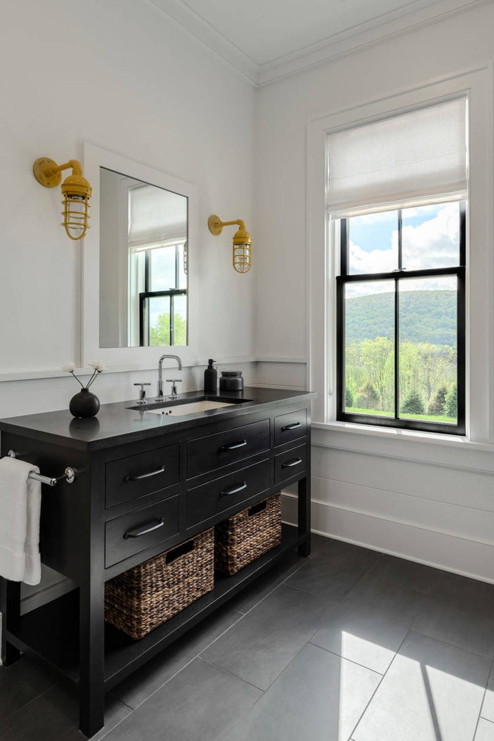 Rustic American farmhouse bathroom showcasing hospitality and modern touches.