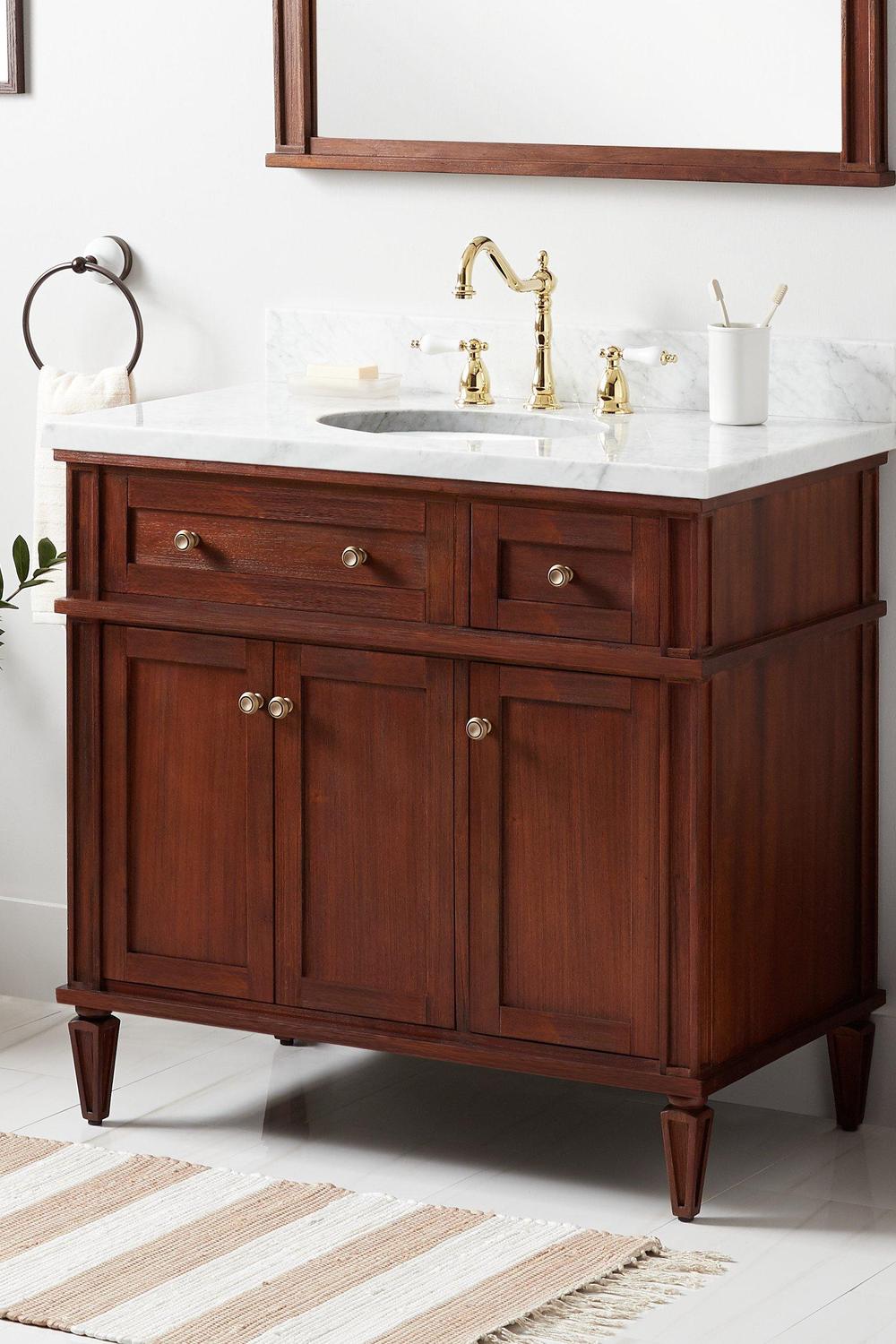 Antique bathroom vanity 5306 en madera oscura con encimera de mármol blanco