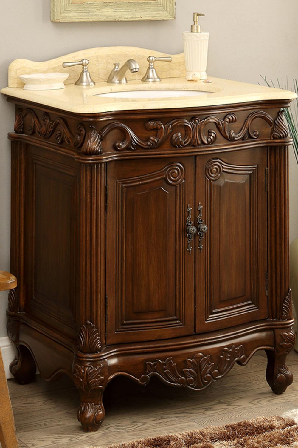 Antique bathroom vanity 5308 de madera oscura con encimera clara y detalles cromados