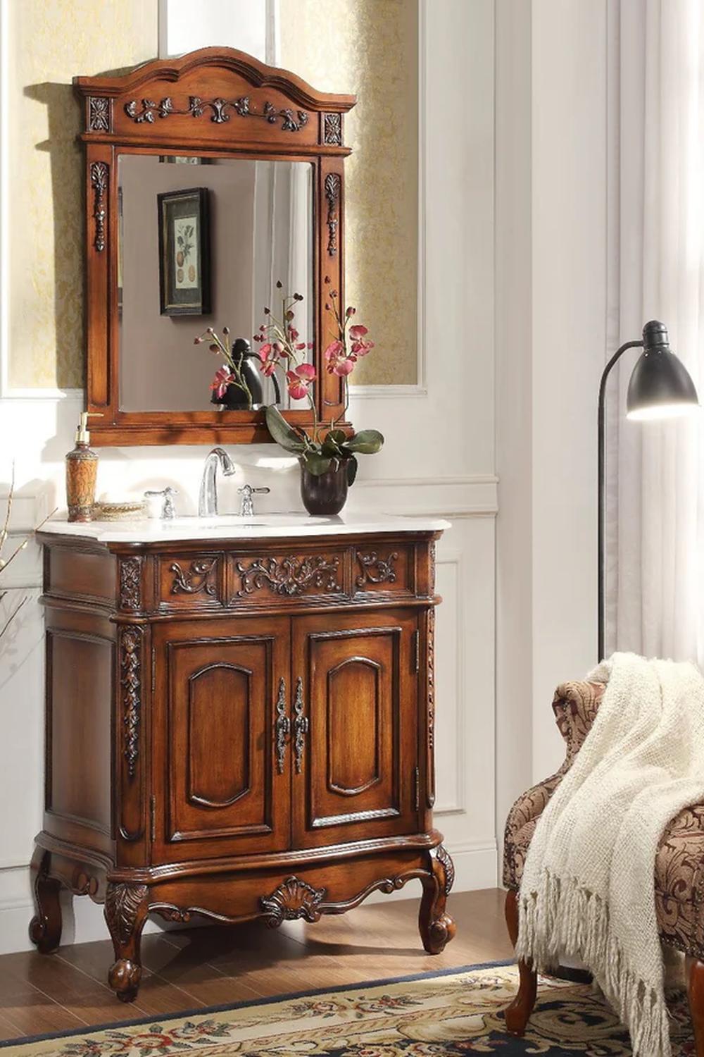 Antique bathroom vanity 5311 con madera oscura y decoración floral