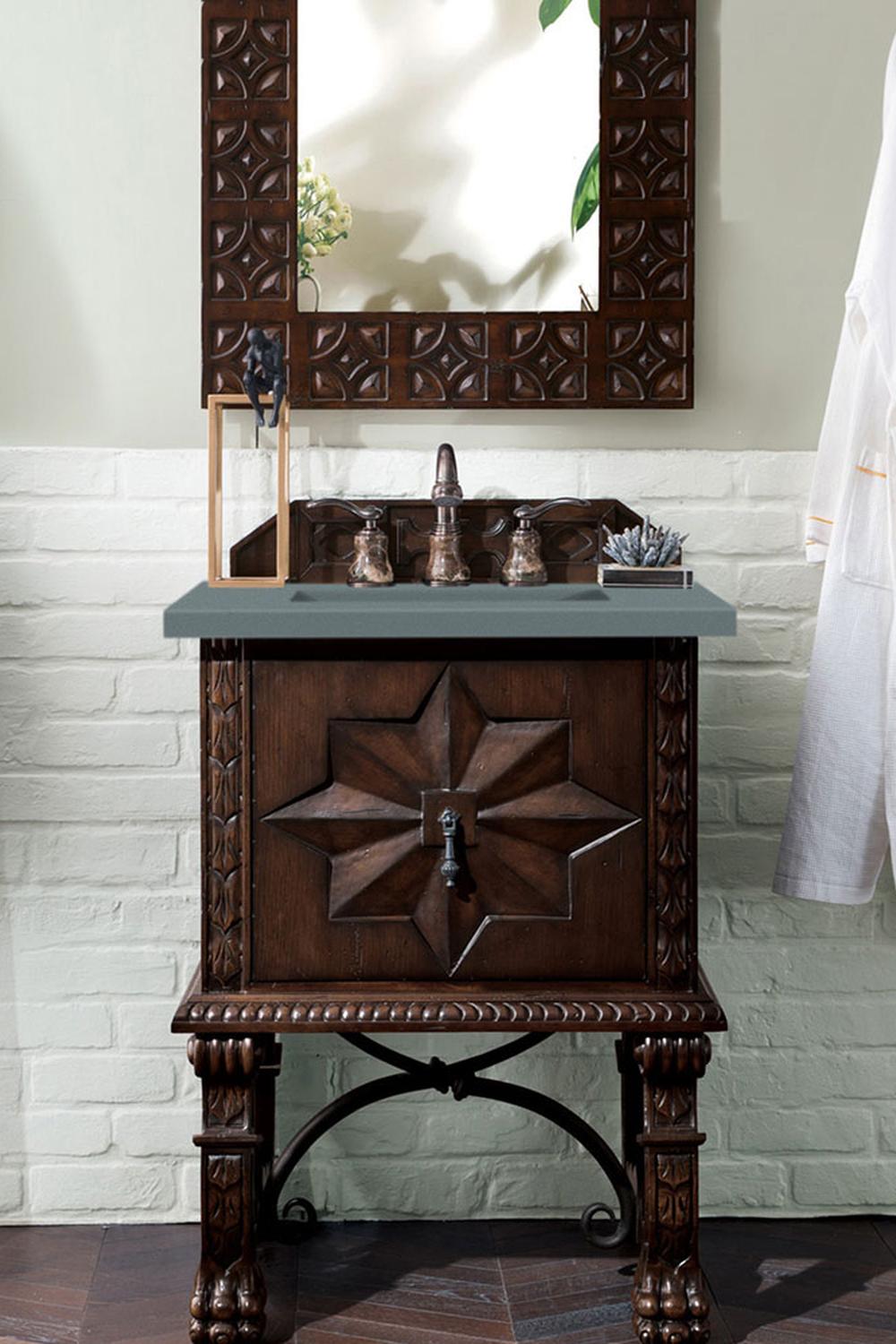 Antique bathroom vanity 5317 de madera oscura con grifería vintage