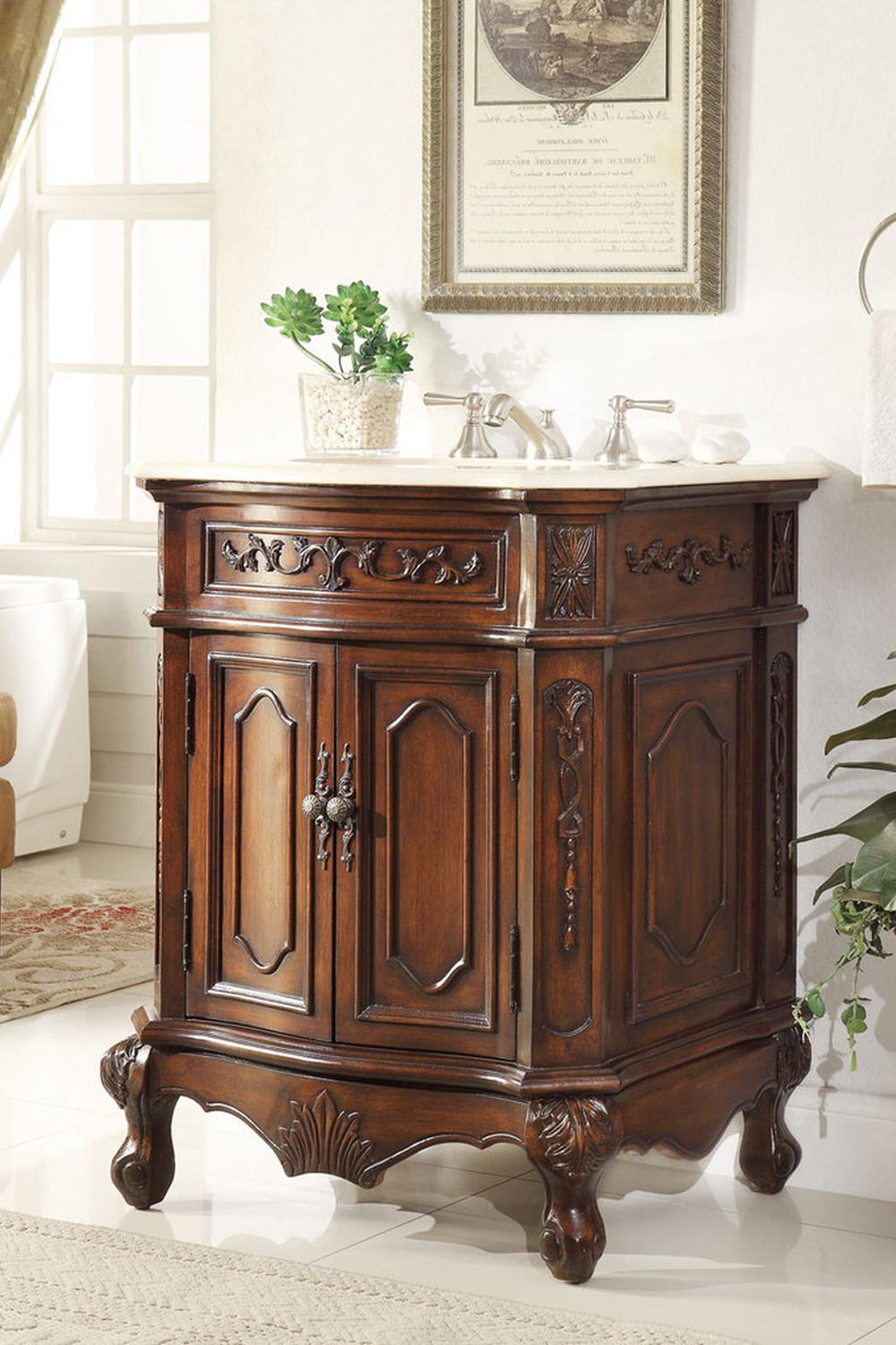 Antique bathroom vanity 5322 en madera oscura con elementos decorativos sobrios