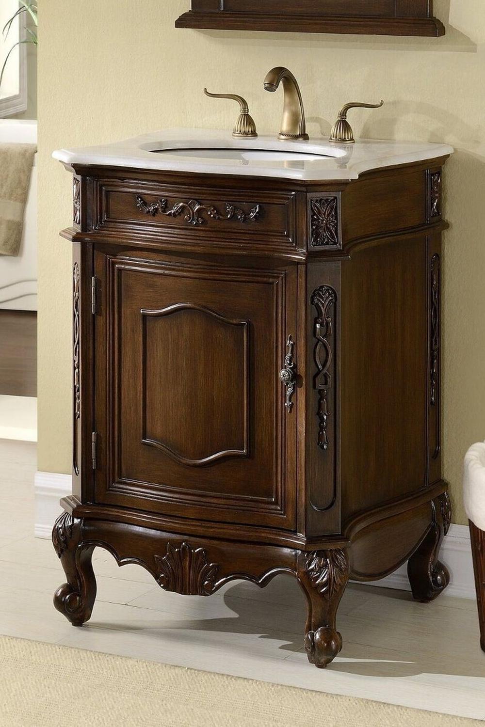 Antique bathroom vanity 5327 en madera cálida con detalles de su época