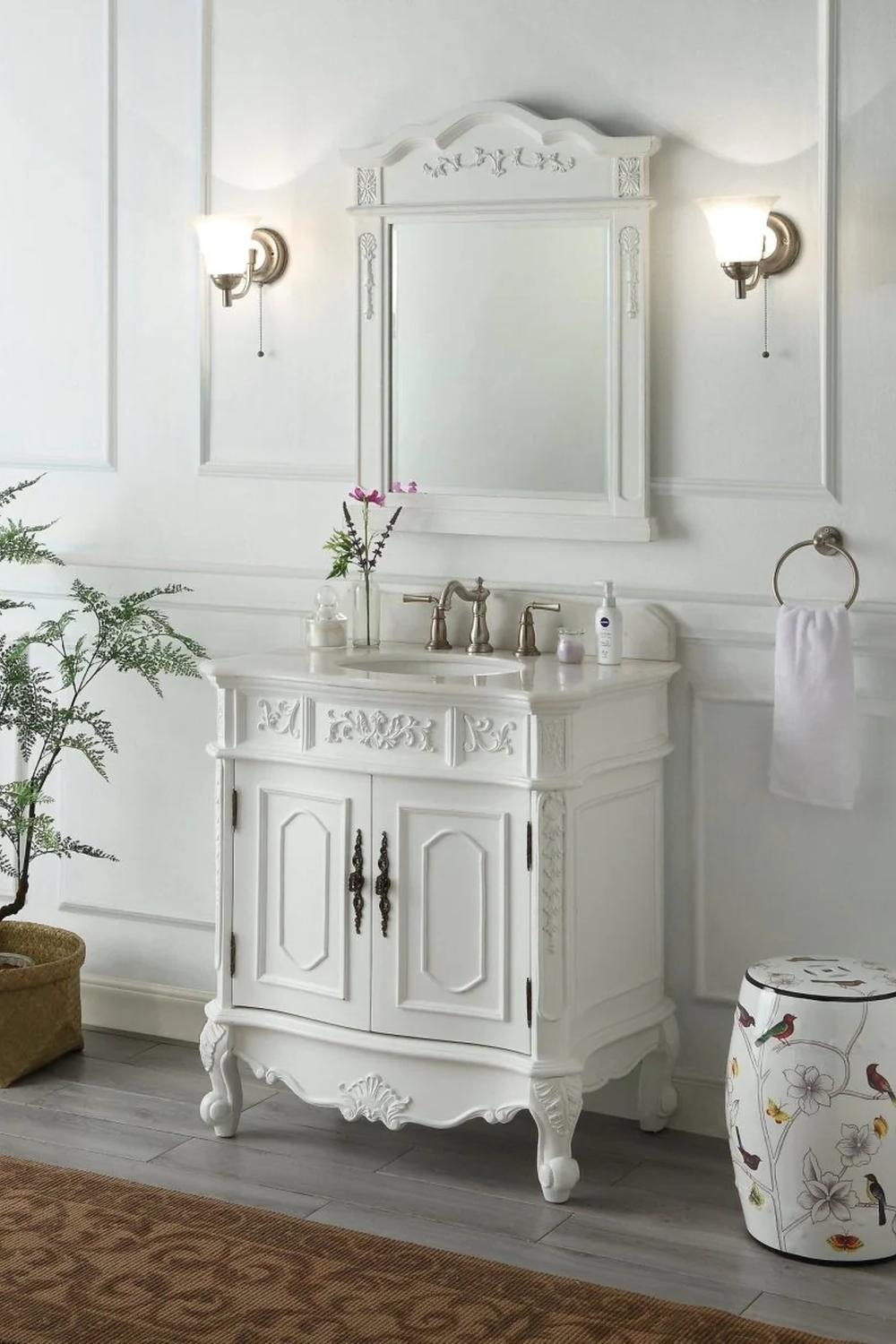Antique bathroom vanity 886 con detalles delicados en blanco