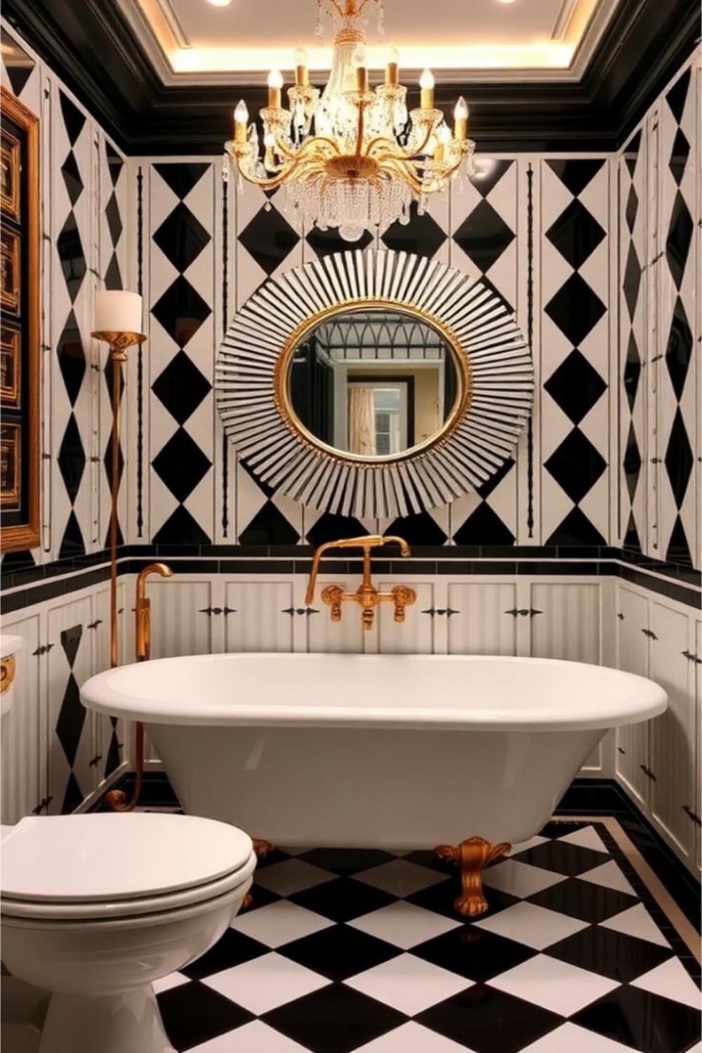 Art Deco bathroom with dramatic black and white color scheme