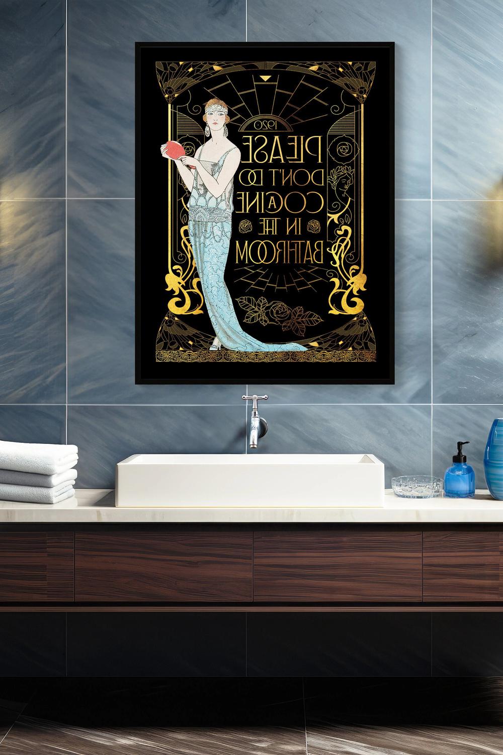 Art Deco-inspired bathroom featuring vintage art and playful designs