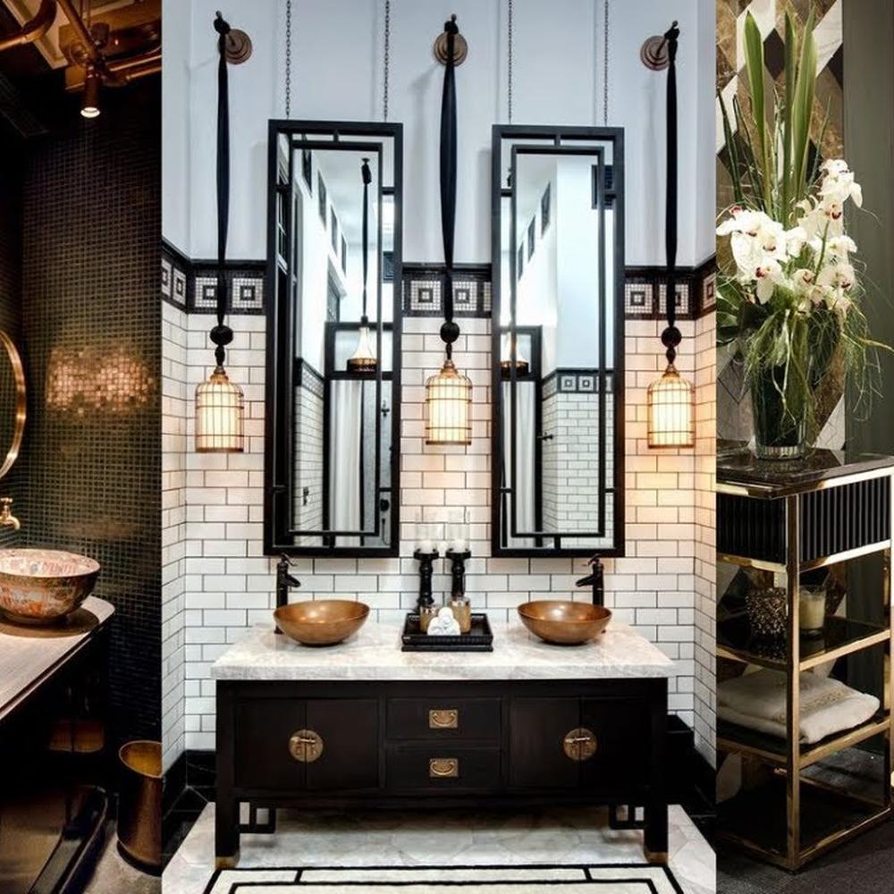 Monochromatic Art Deco bathroom with dark cabinetry and luxurious finishes