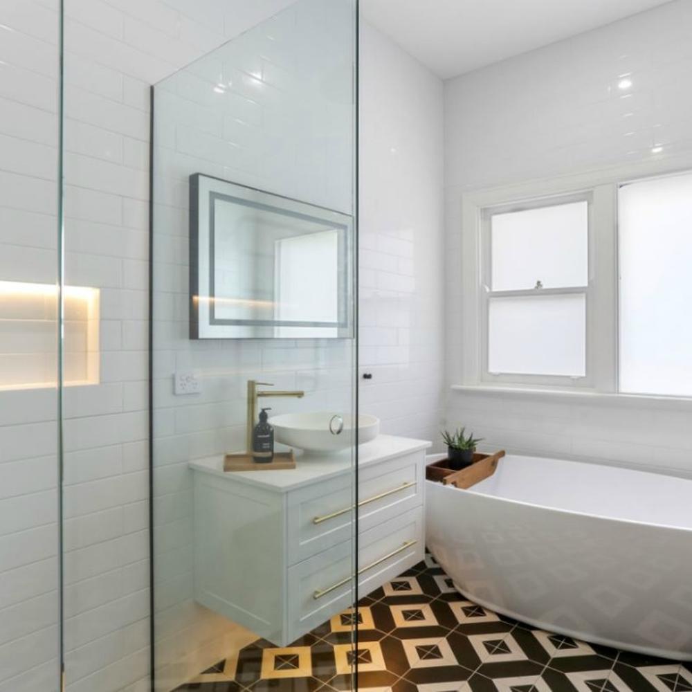 Modern Art Deco bathroom featuring innovative designs and geometric patterns.