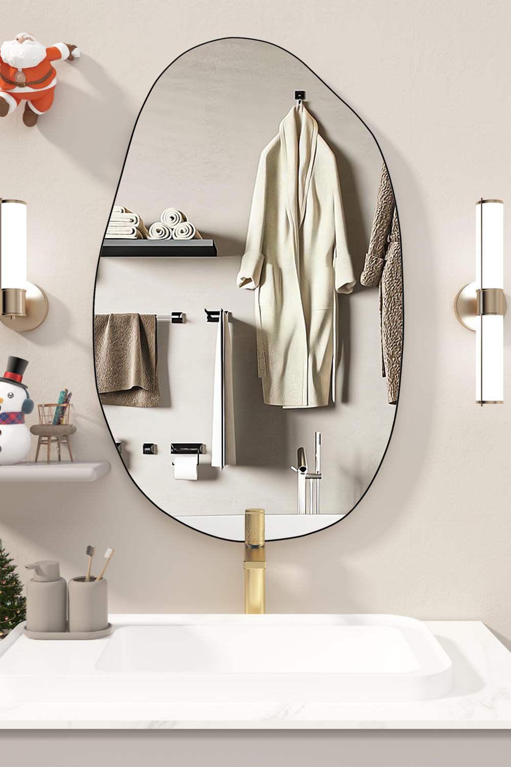Contemporary bathroom setup featuring whimsical asymmetrical mirror and playful decorative elements that enhance the inviting atmosphere.