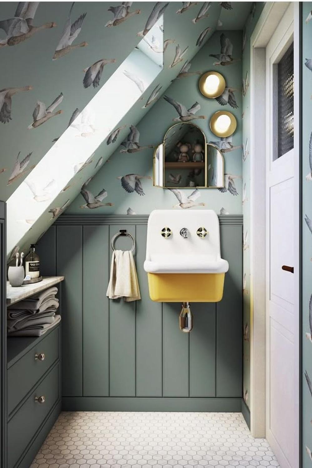 Playful attic bathroom with pastel colors and unique storage solutions