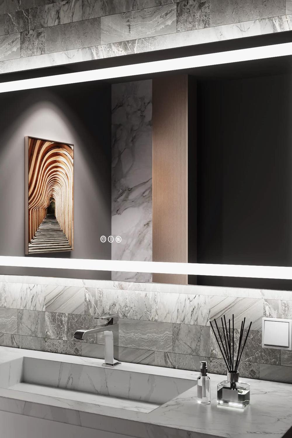 Horizontal backlit mirror with large marble tiles in a contemporary bathroom design