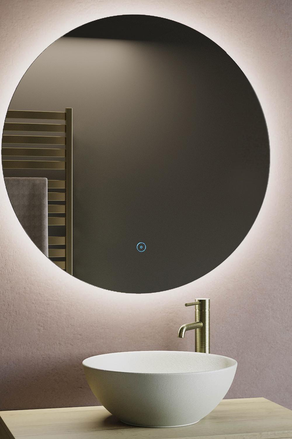 Round backlit mirror enhancing elegant bathroom space styled in soft gray