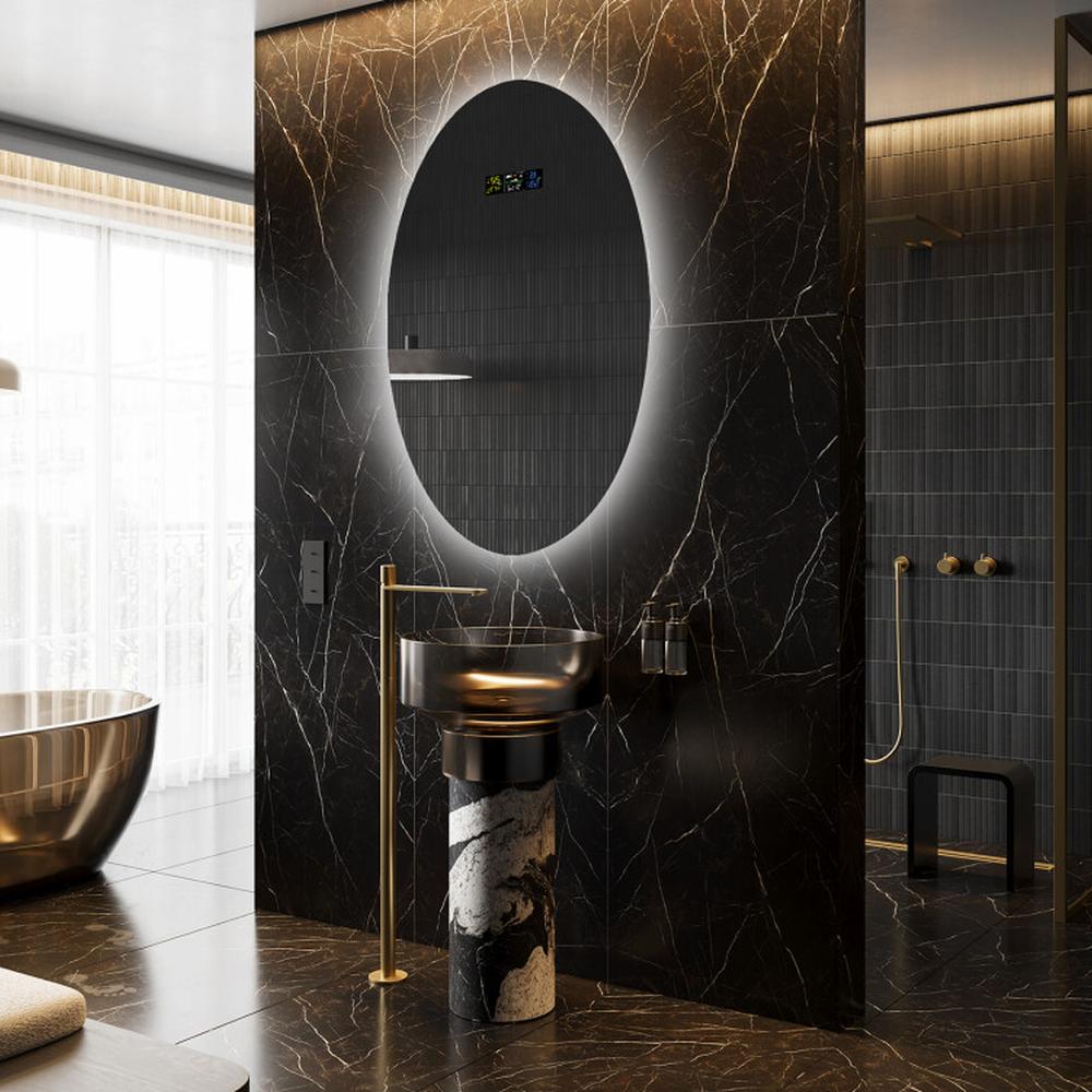 Unique backlit oval mirror above a console style vanity in a luxurious bathroom