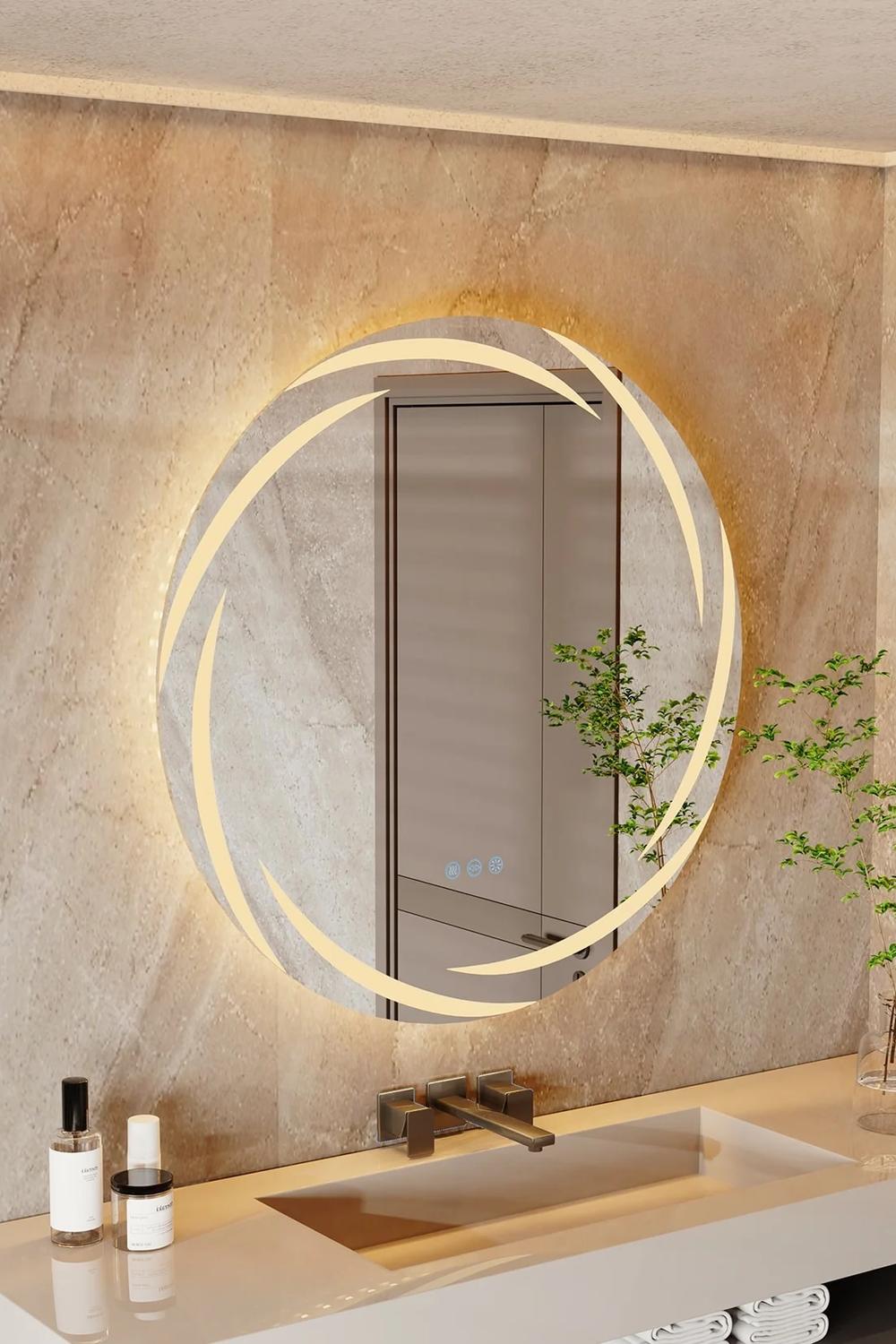 Modern luxe aesthetic influenced by a backlit mirror in an elegant bathroom
