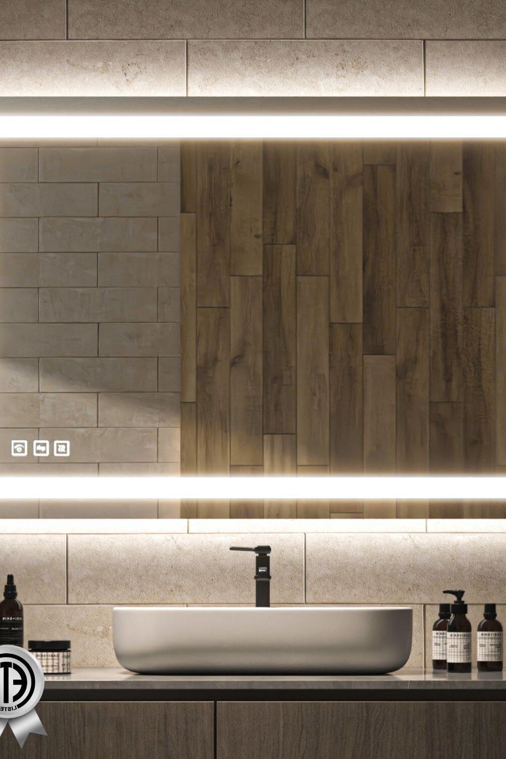 Showcasing dual backlit mirrors enhancing the modern aesthetic of a glamorous bathroom