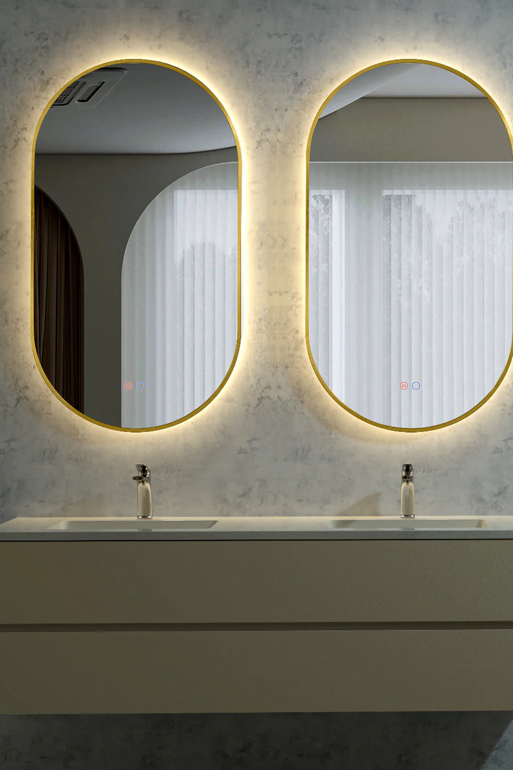 Richly textured accent wall framed by backlit mirrors enhancing the functionality of a modern vanity area