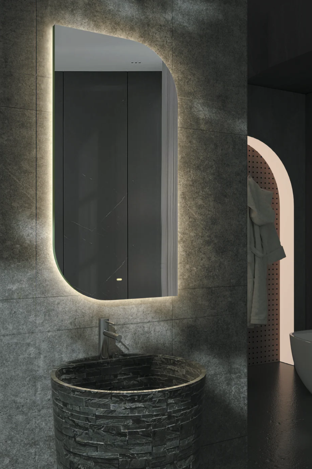 Relaxing atmosphere supported by a refined backlit mirror in a modern bathroom setting