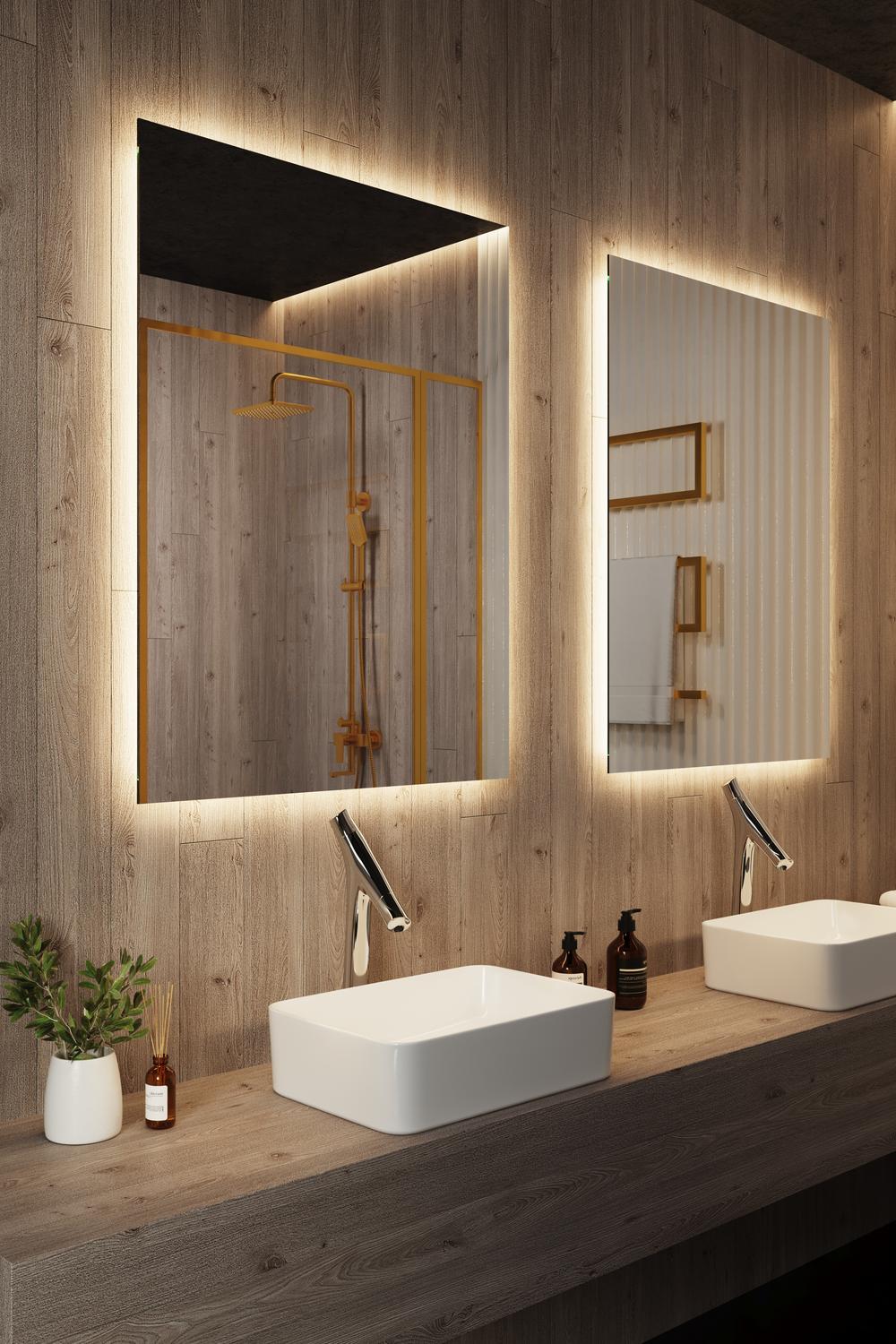 Showcase of elevated luxuries surrounded by backlit mirrors and stylish elements in a bathroom space
