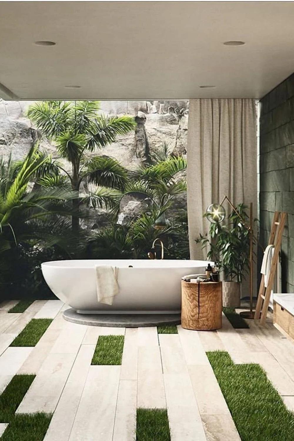 Baño balinés con mural de naturaleza y bañera central