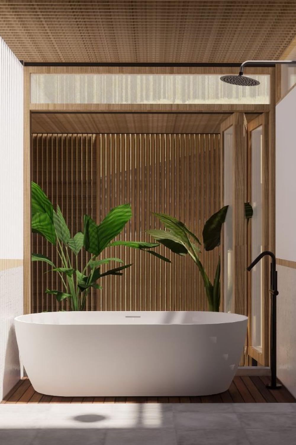 Baño contemporáneo con bañera moderna y plantas de interior