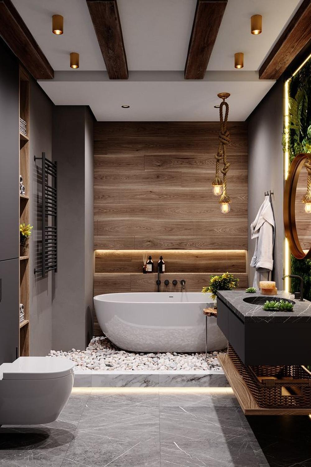 Baño elegante en tonos marrón y piedra natural