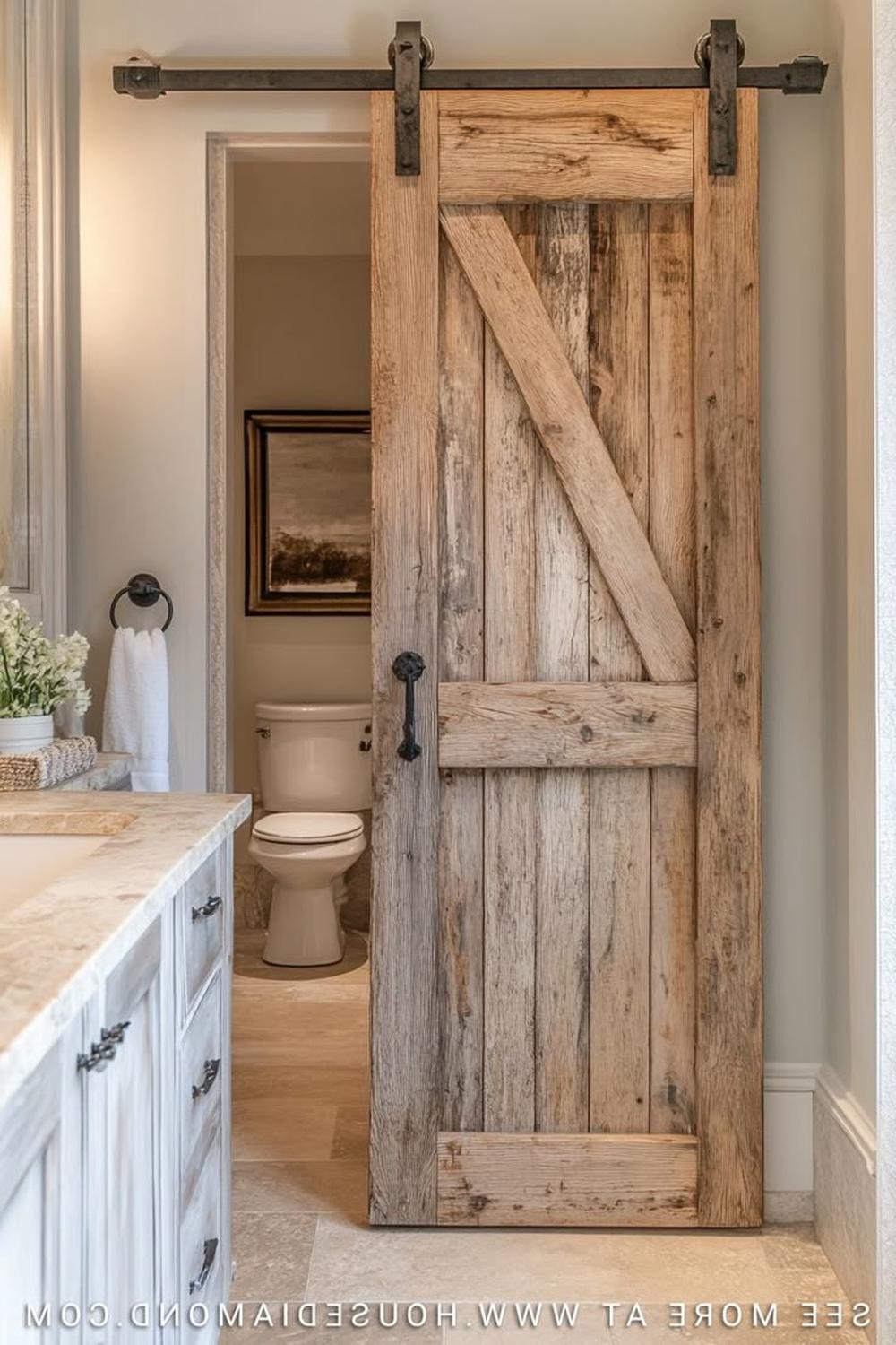 Baño granero con decoración rústica y paleta de colores neutros