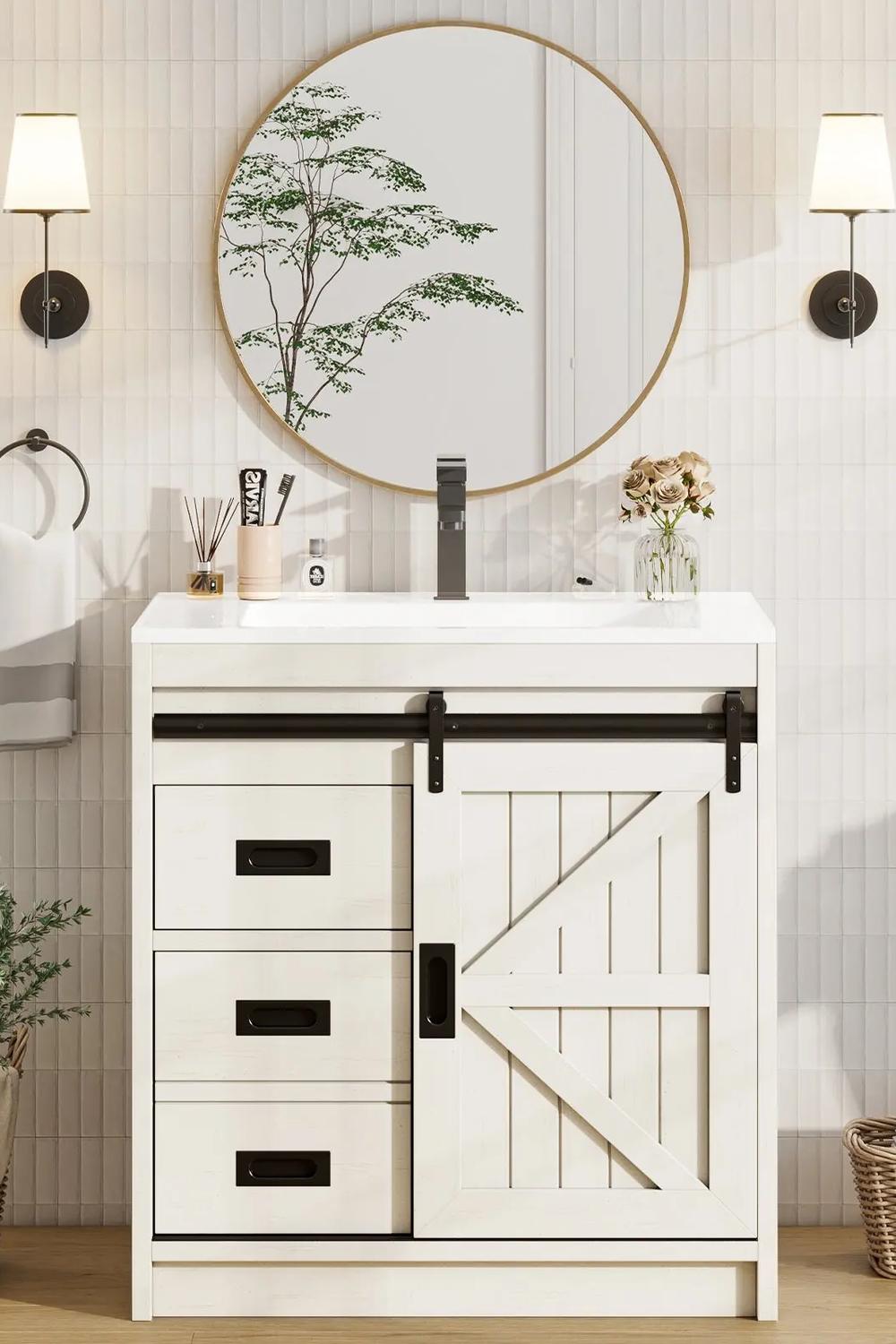 Rustic bathroom vanity featuring a white farm-style appearance with sliding door and decorative touches.