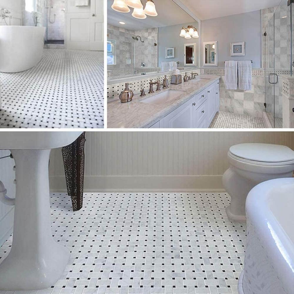 Beautifully designed bathroom with a chosen color palette that complements basketweave tile.