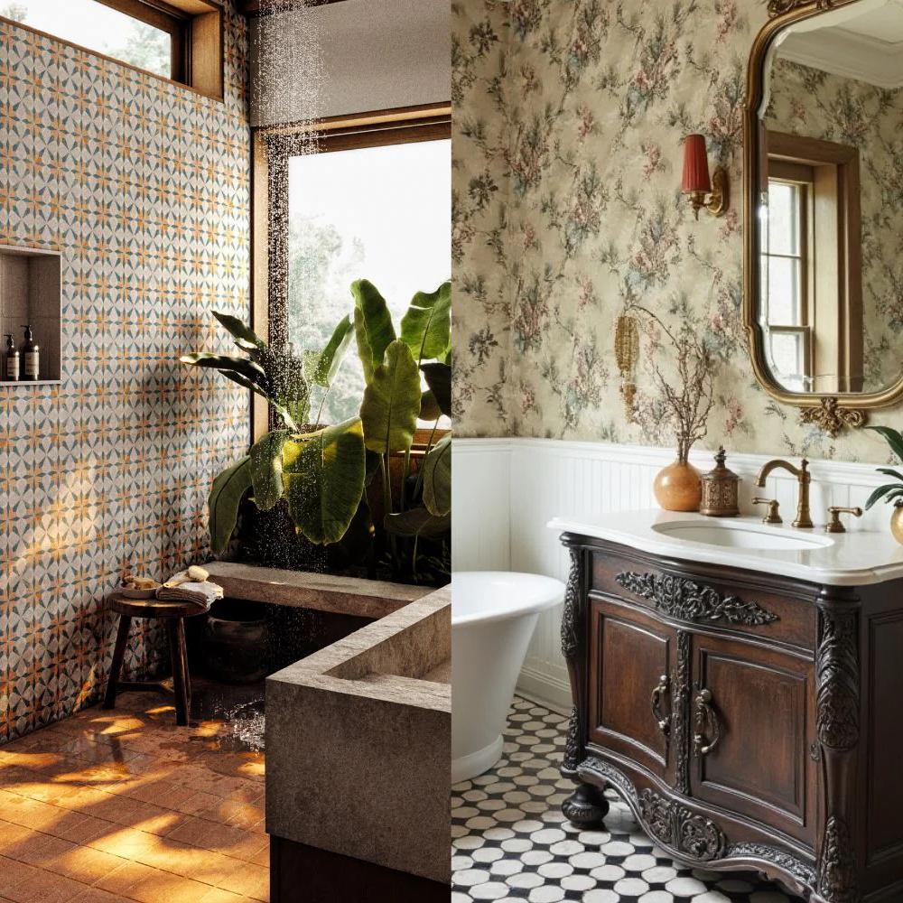 Baño con dos estilos de acento: mural de azulejos geométricos y papel pintado floral